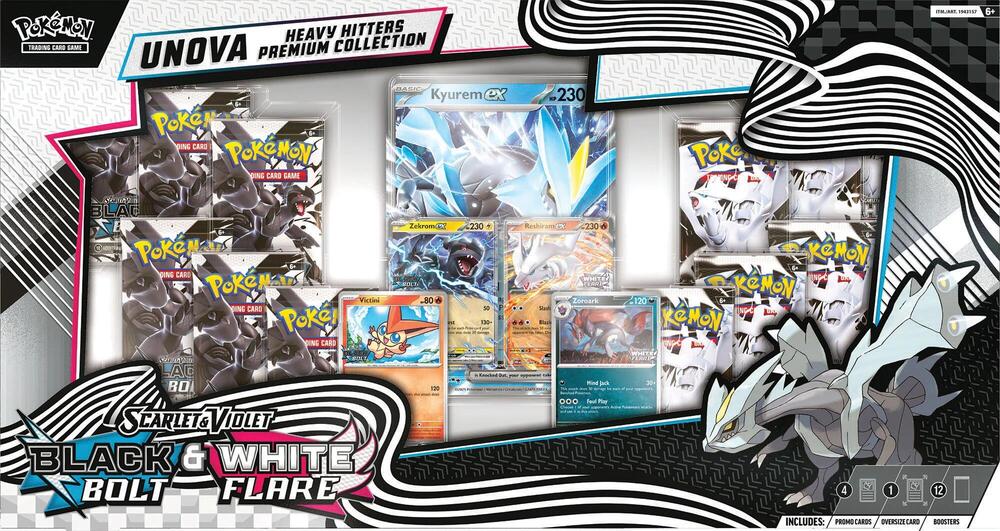 Pokemon Scarlet & Violet: Black Bolt & White Flare Unova Heavy Hitters Premium Collection Box pre order release December 4, 2026