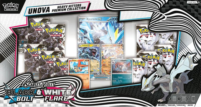 Pokemon Scarlet & Violet: Black Bolt & White Flare Unova Heavy Hitters Premium Collection Box pre order release December 4, 2026